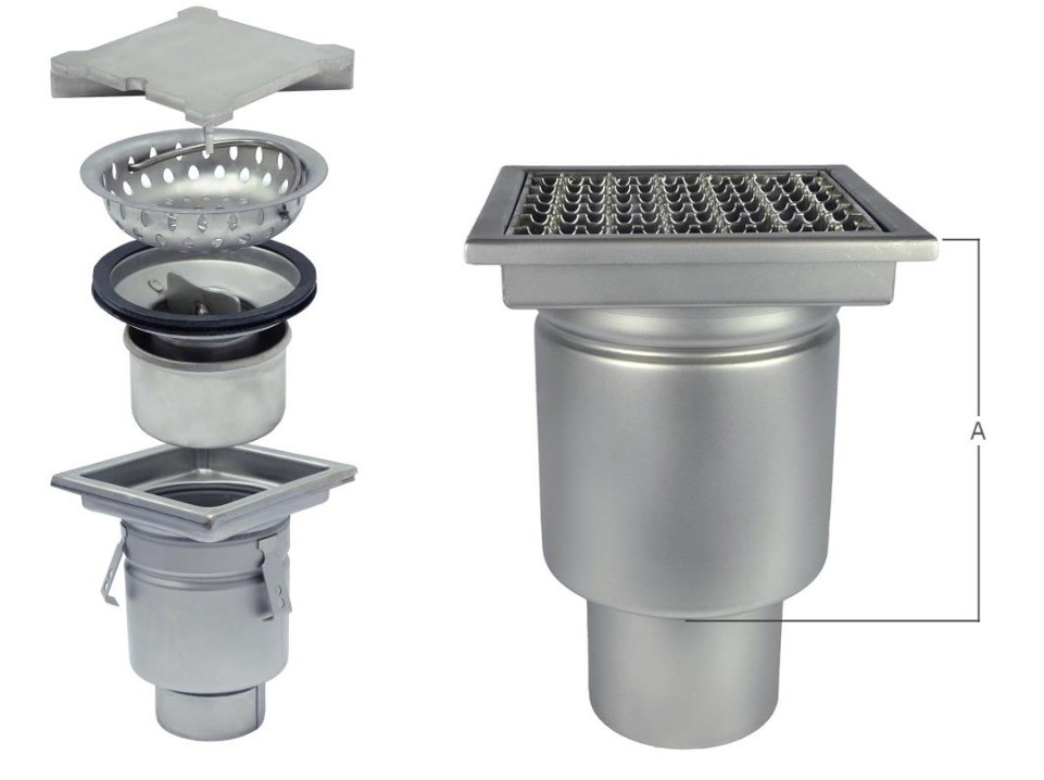 Afvoerput 300x300 1D Zijuitloop 110 RVS Plaatdeksel
